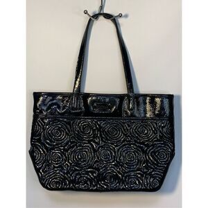 Nine & Co Embossed Roses Dual Handle Strap Shoulder Bag Black
